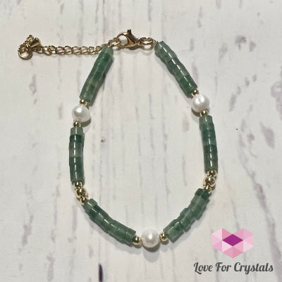 Green Aventurine With Pearl In Stainless Steel Chain (Adjustable Size) Bracelet