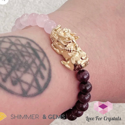 Luck In Love Pixiu Bracelet (Rose Quartz And Garnet 6Mm)Stainless Steel - Shimmer & Gems 6.0”