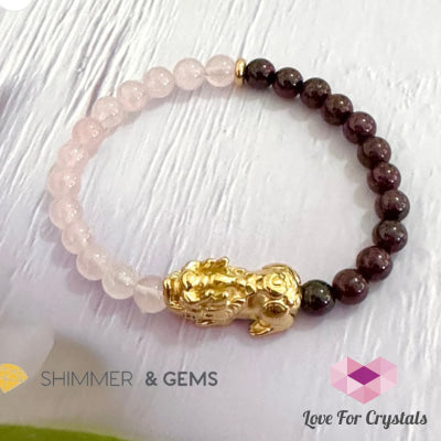 Luck In Love Pixiu Bracelet (Rose Quartz And Garnet 6Mm)Stainless Steel - Shimmer & Gems 6.5”