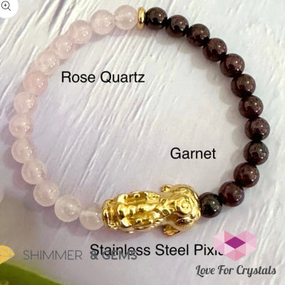 Luck In Love Pixiu Bracelet (Rose Quartz And Garnet 6Mm)Stainless Steel - Shimmer & Gems