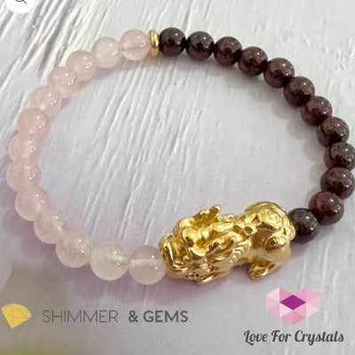 Luck In Love Pixiu Bracelet (Rose Quartz And Garnet 6Mm)Stainless Steel - Shimmer & Gems