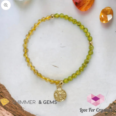 Lucky Coin With Golden Rutilated & Peridot (4Mm) Bracelet Plus 14K Gold Filled Beads 6.5” Bracelets