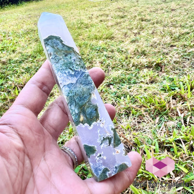 Moss Agate Obelisk Tower Crystal Point