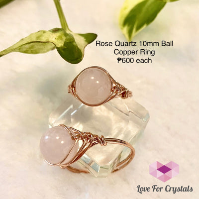 Rose Quartz 10Mm Ball Copper Wired Crochet Ring