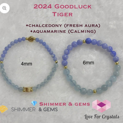 Tiger Animal Zodiac 2024 Goodluck Bracelet (Chalcedony & Aquamarine) Feng Shui Bracelets